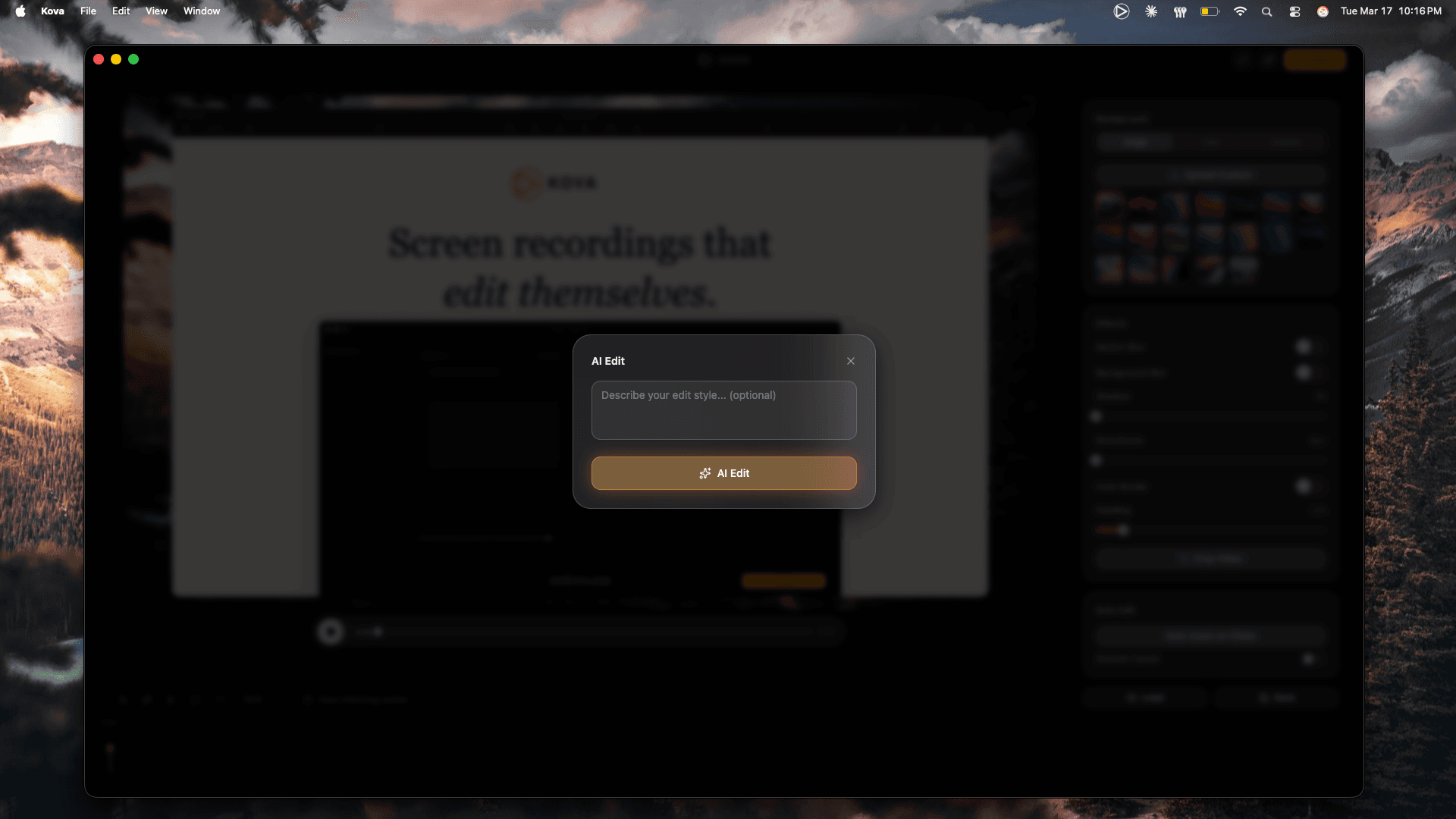 Kova AI Edit modal with prompt input