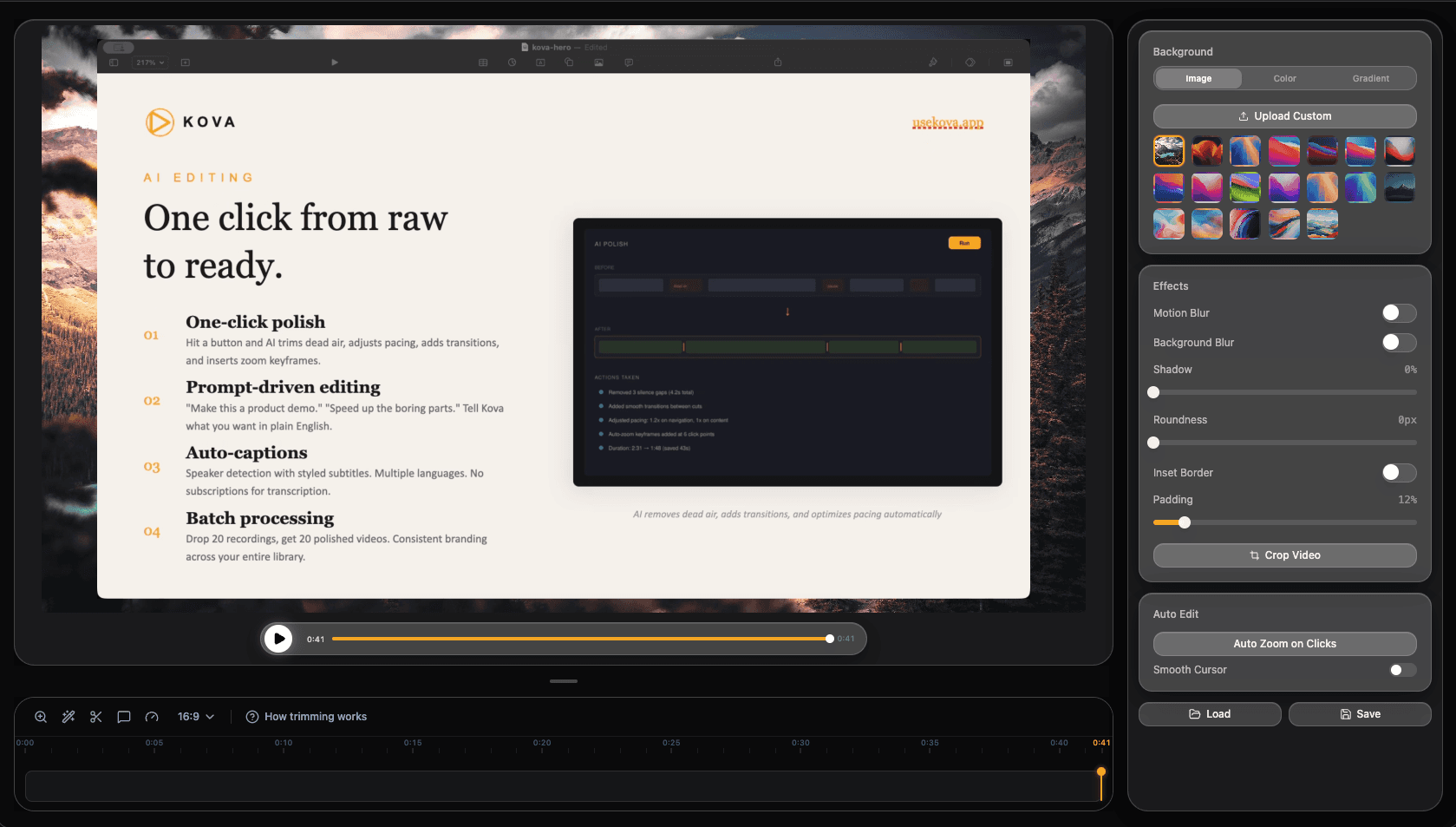 Raw recording — AI generating edits, clean timeline