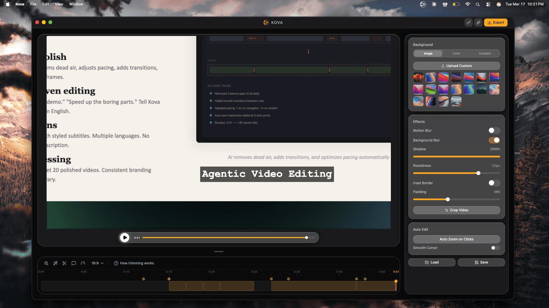Kova editor with annotations and background effects