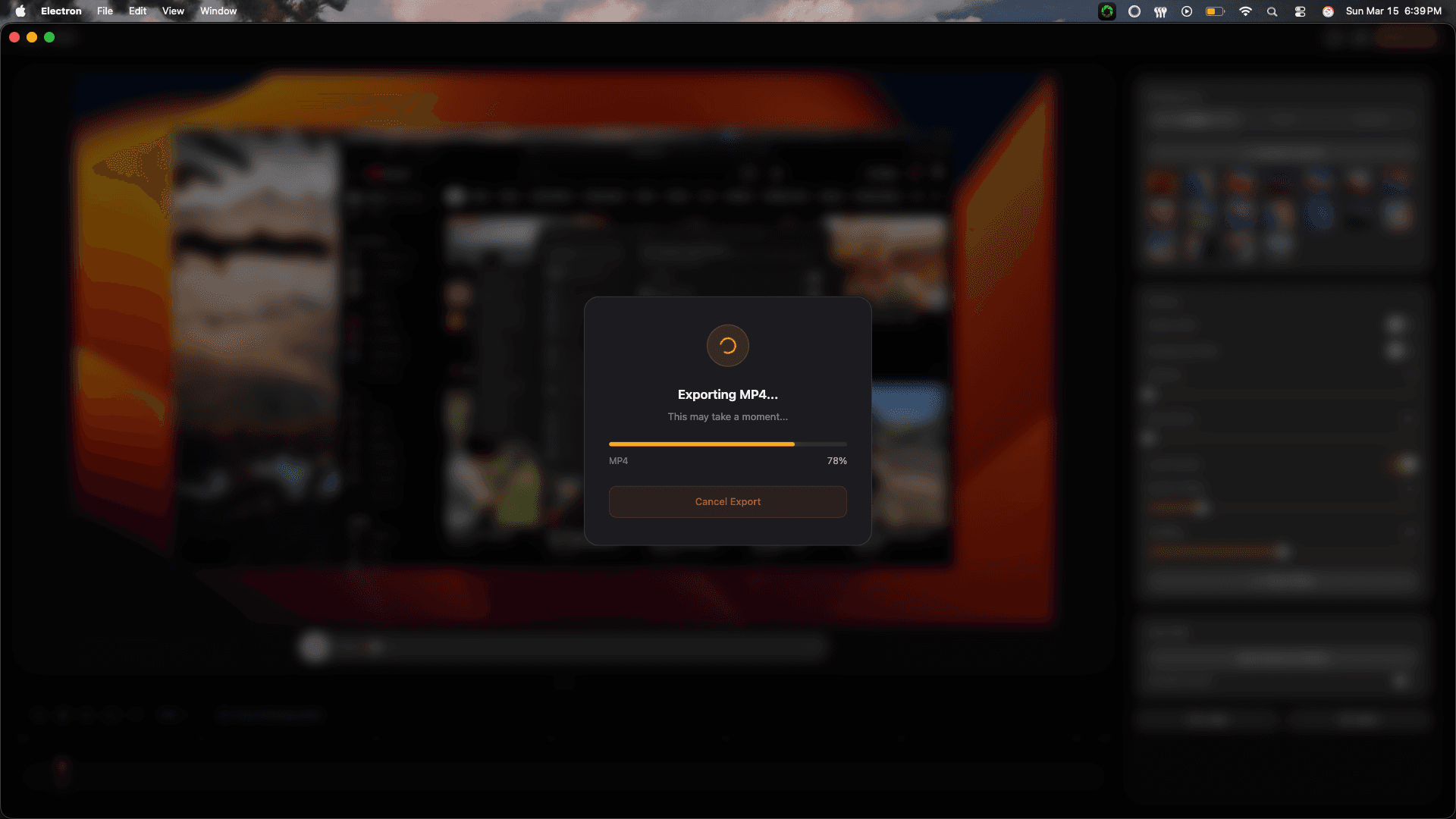 Kova exporting MP4 at 78% progress